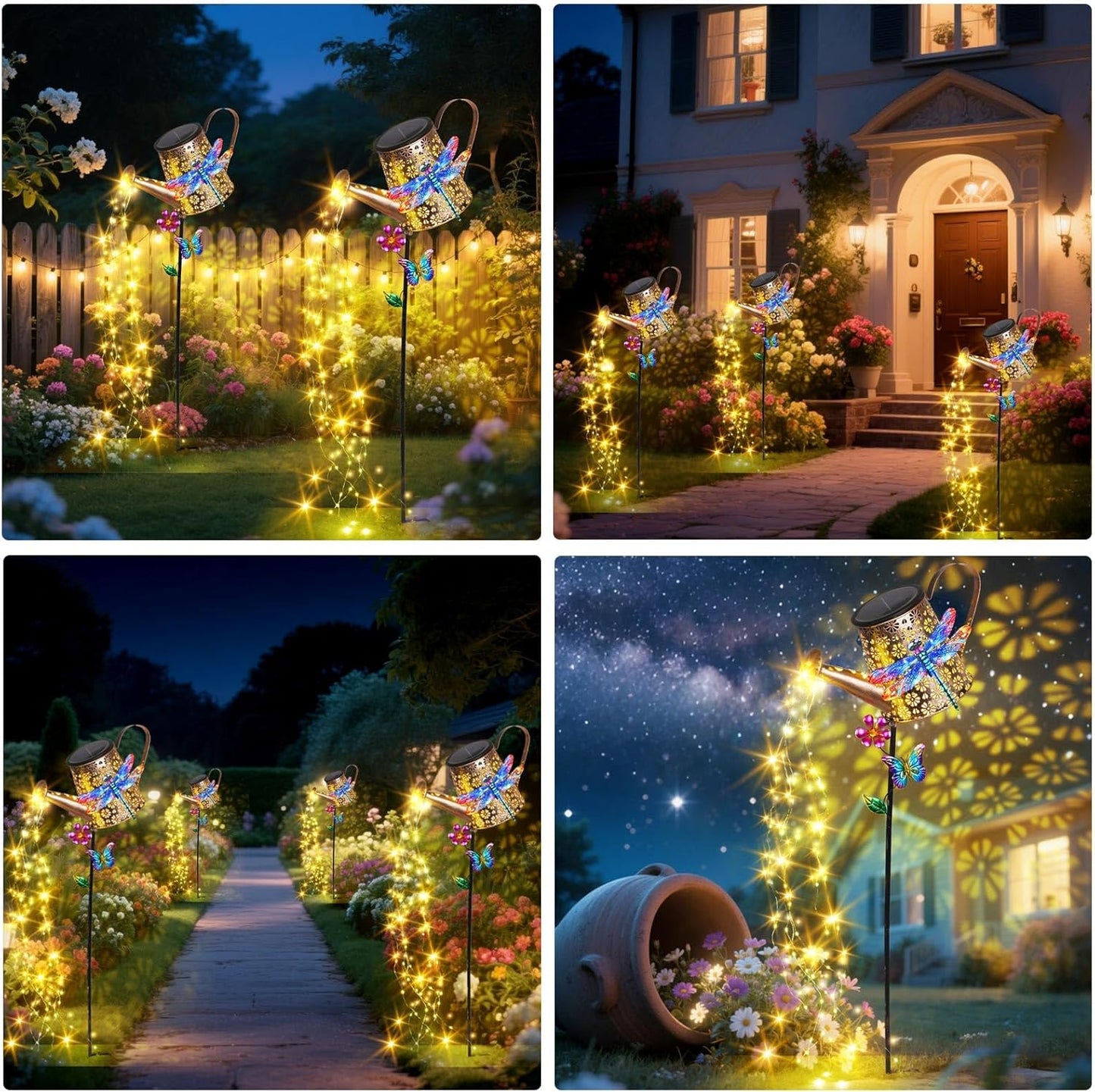 Solar Lights Outdoor Decorative, 39.4'' Metal Solar Watering Can Lights with Dragonfly, Waterproof