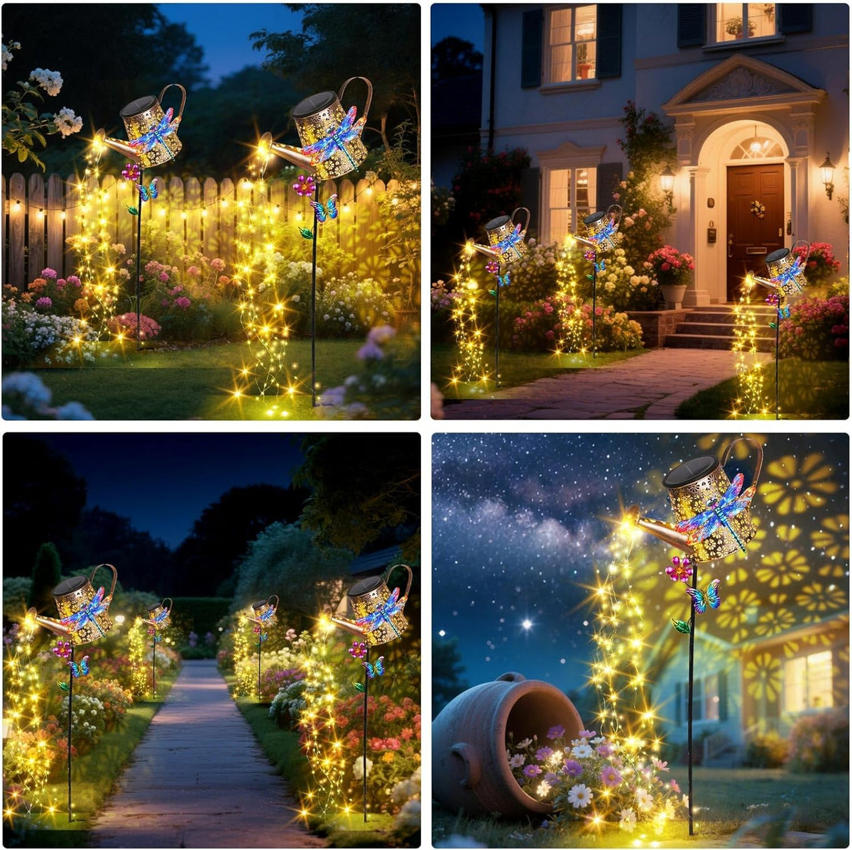 Solar Lights Outdoor Decorative, 39.4'' Metal Solar Watering Can Lights with Dragonfly, Waterproof
