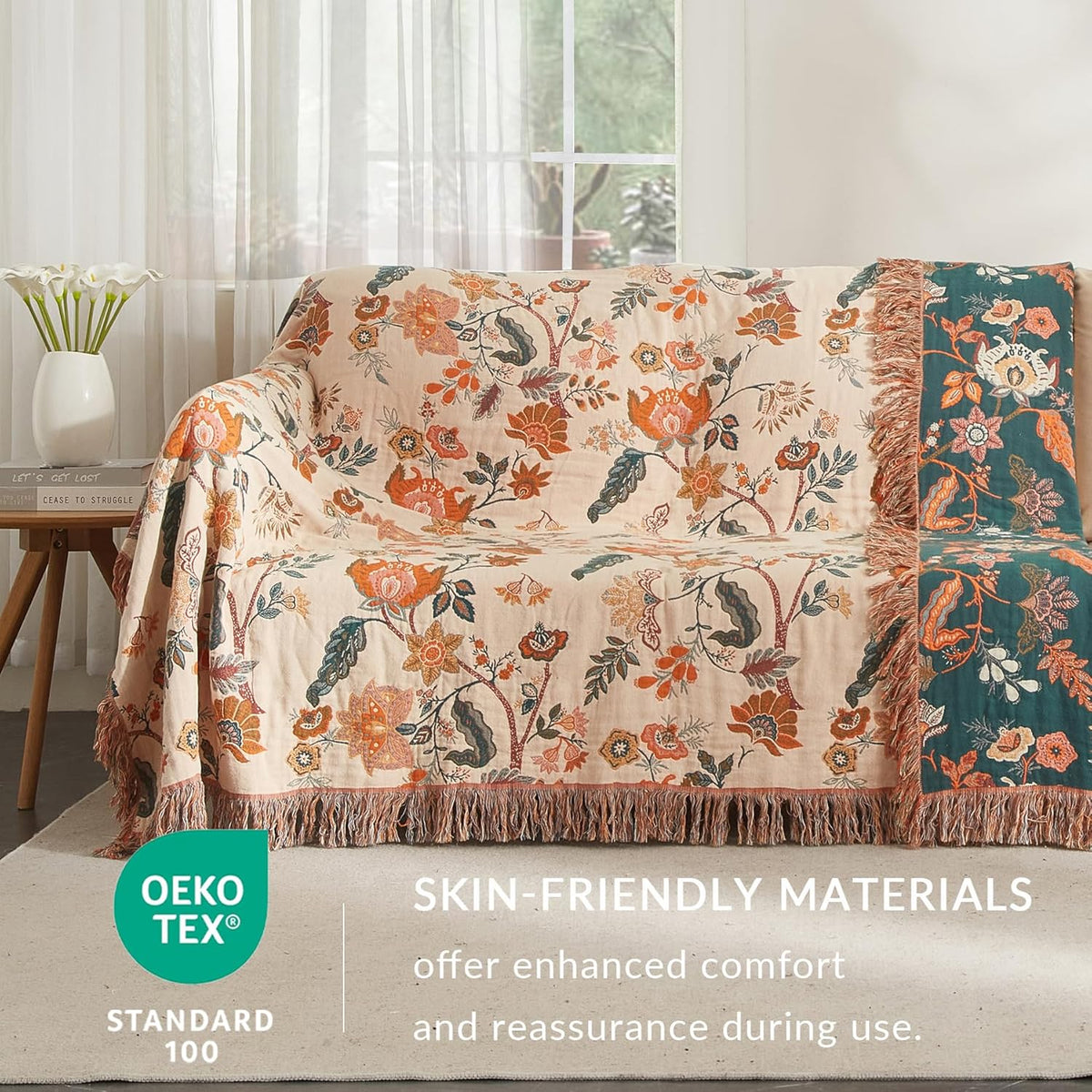 Boho Throw Blanket for Couch Sofa Bed, 100% Cotton Woven Quilt with Tassel 80”x90”, Super Soft