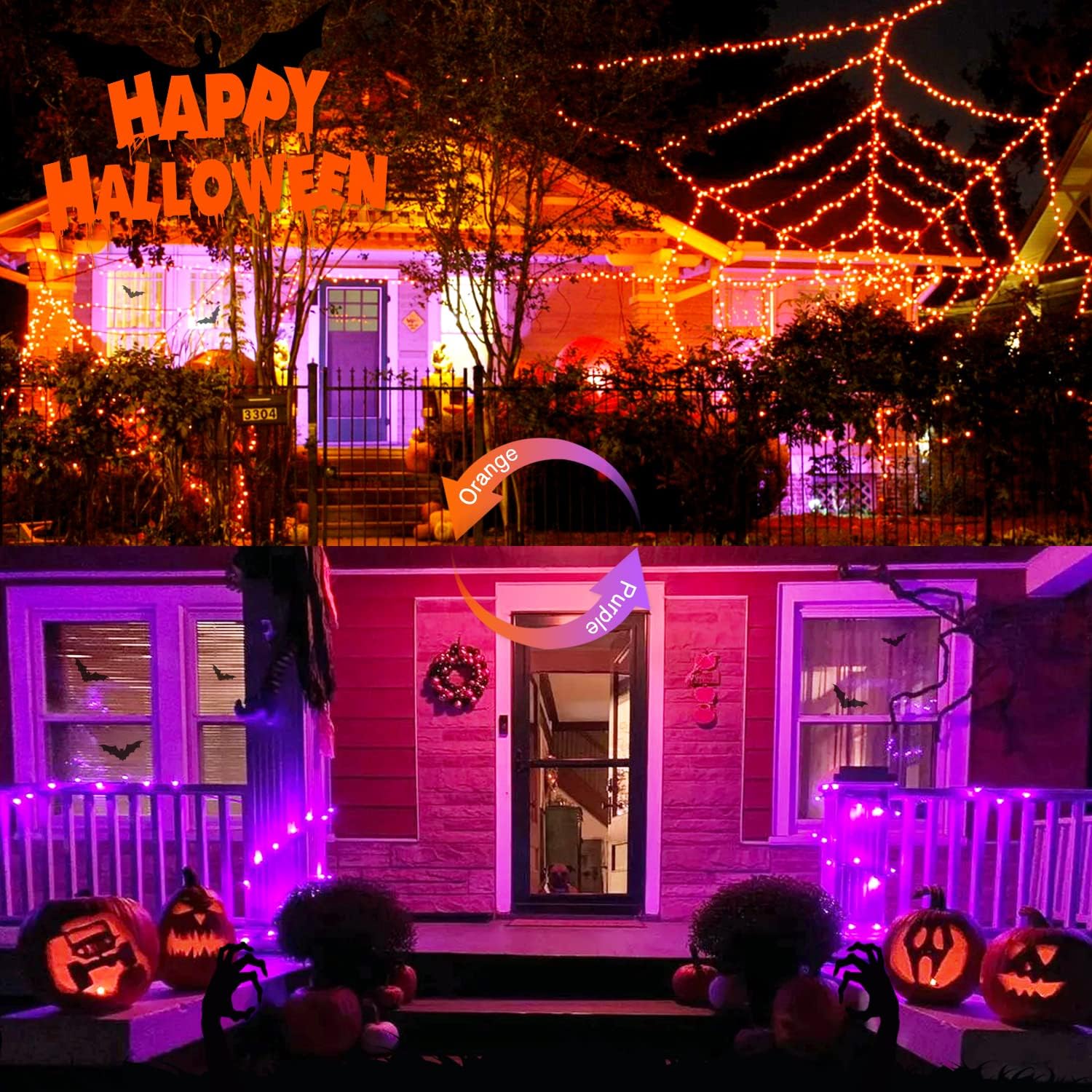 JMEXSUSS 100 LED Orange & Purple Halloween Lights - Plug in, Connectable Color Changing String