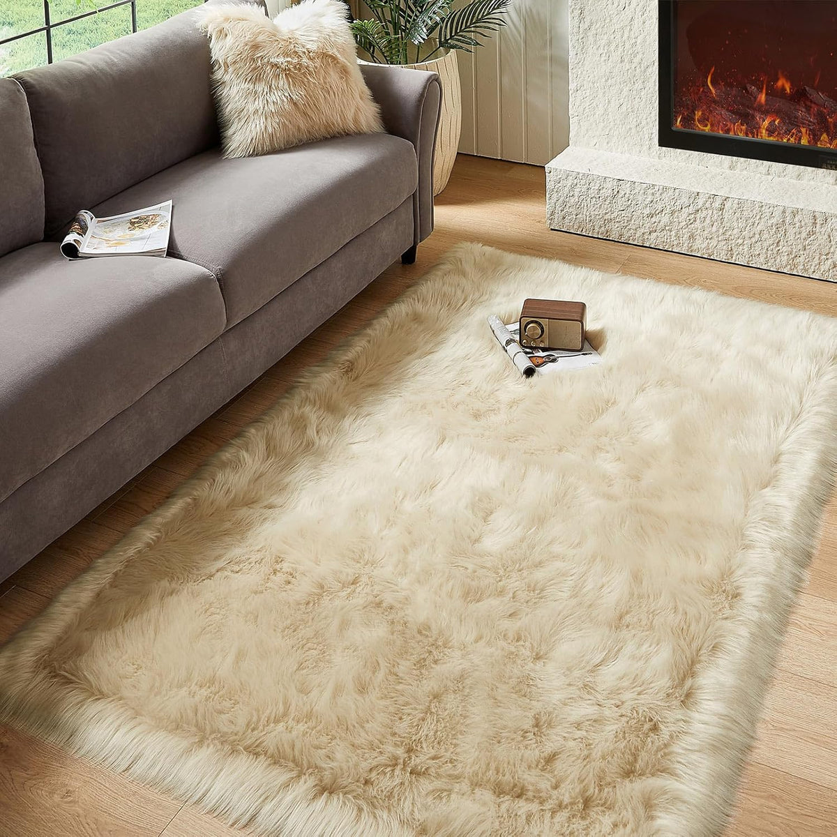 AMTOVO Faux Fur Sheepskin Rug for Living Room, 4 x 6 ft Beige Fluffy Area Rug for Bedroom