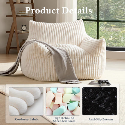 Giant Plush Bean Bag Chair for Adults with Armrests - Oversized Comfy Beige Beanbag Lounge Lazy