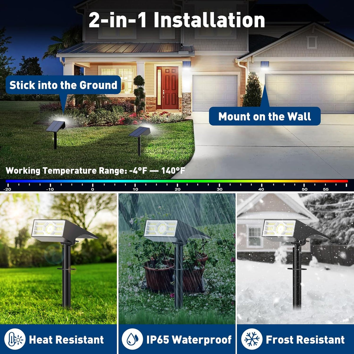 Solar Spot Lights Outdoor, 2 Pack Outdoor Solar Lights for Yard Waterproof, 4 Lighting Modes Solar