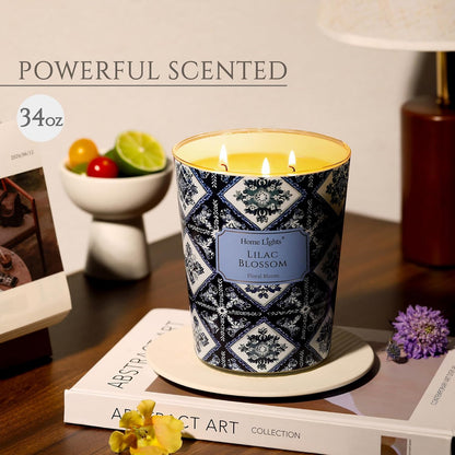 HomeLights Lilac Blossom Scented Candles | 34oz Soy Candles Bohemian Natural Textures 3-Wick Large