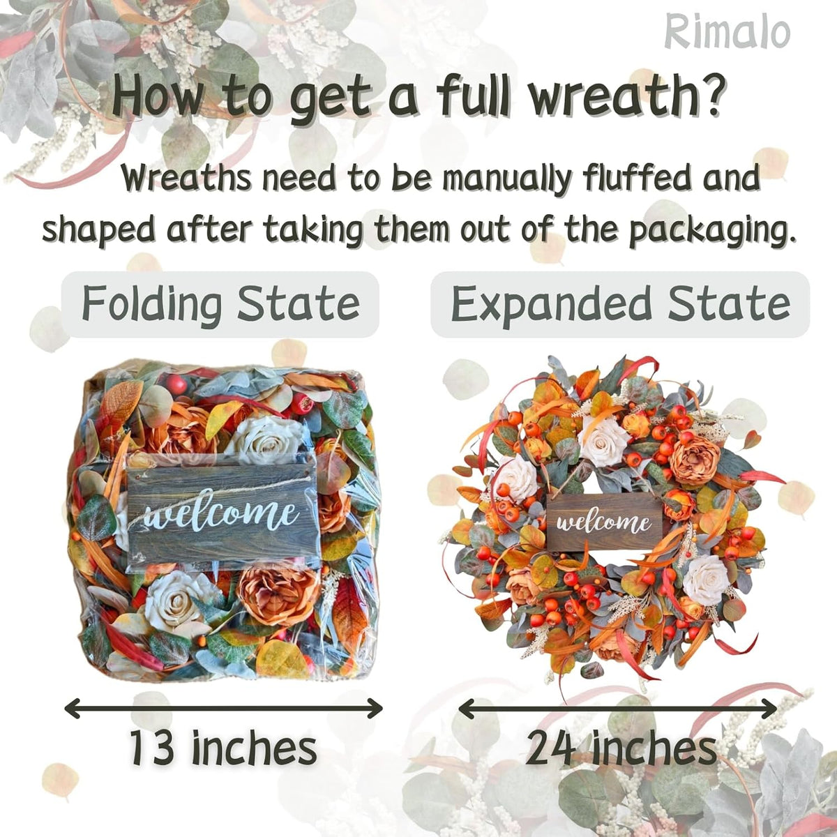 Fall Wreath for Front Door, 24 Inch Autumn Wreath with lamb's Ear Leaves, Roses, Berries & Wooden