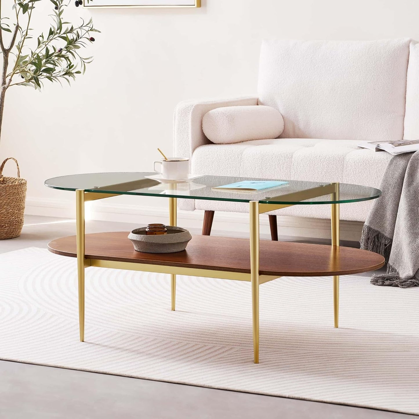 Oval Glass Coffee Table, Mid-Century Modern Design, L41 x W21 x H17 inch, for Living Room, 2-Tier