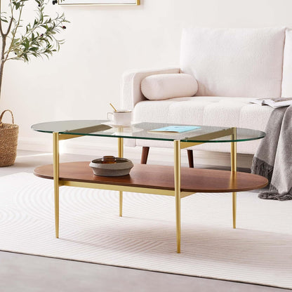 Oval Glass Coffee Table, Mid-Century Modern Design, L41 x W21 x H17 inch, for Living Room, 2-Tier