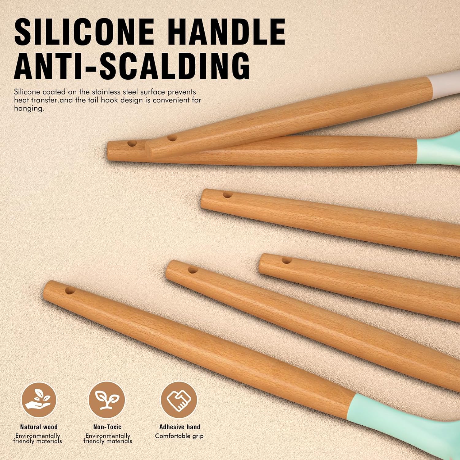 Silicone Cooking Utensils Set - Silicone Kitchen Utensils for Cooking Wooden Handles, 446°F Heat
