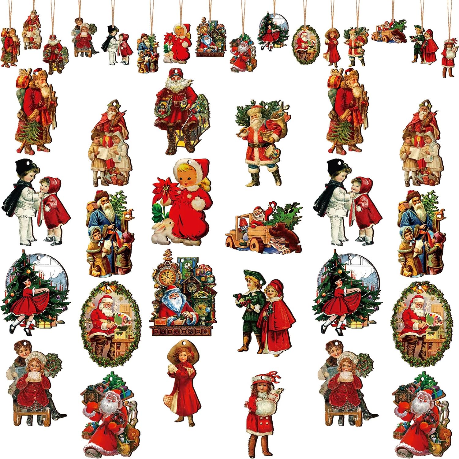 48 Pcs Vintage Wood Ornaments - Victorian Style Santa Claus, Snowman & Retro Decor for Christmas