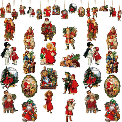 48 Pcs Vintage Wood Ornaments - Victorian Style Santa Claus, Snowman & Retro Decor for Christmas