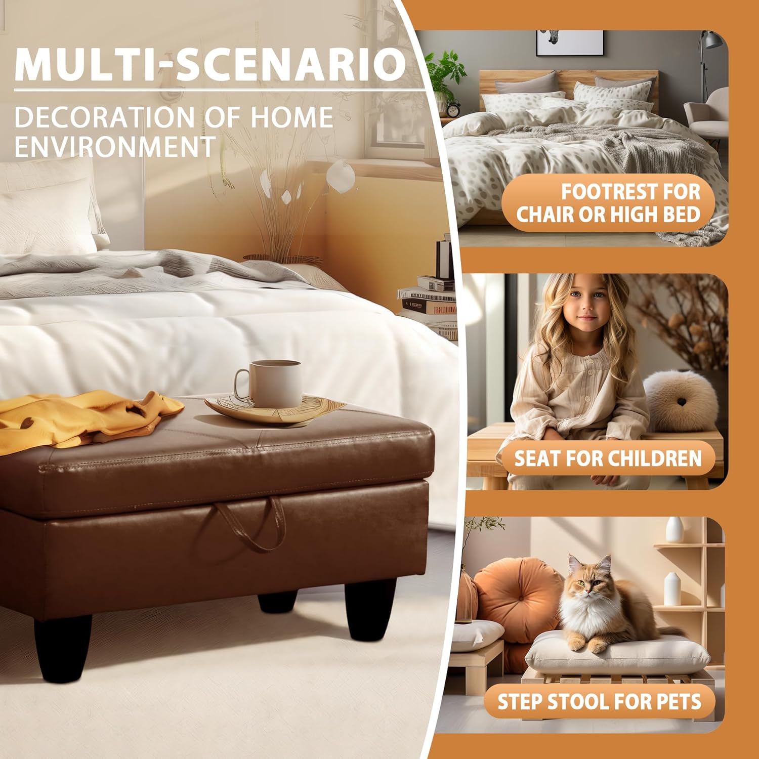 Ottoman Rectangular Storage Ottoman Bench, Faux Leather Footrest, Coffee Table, Stool Footstool