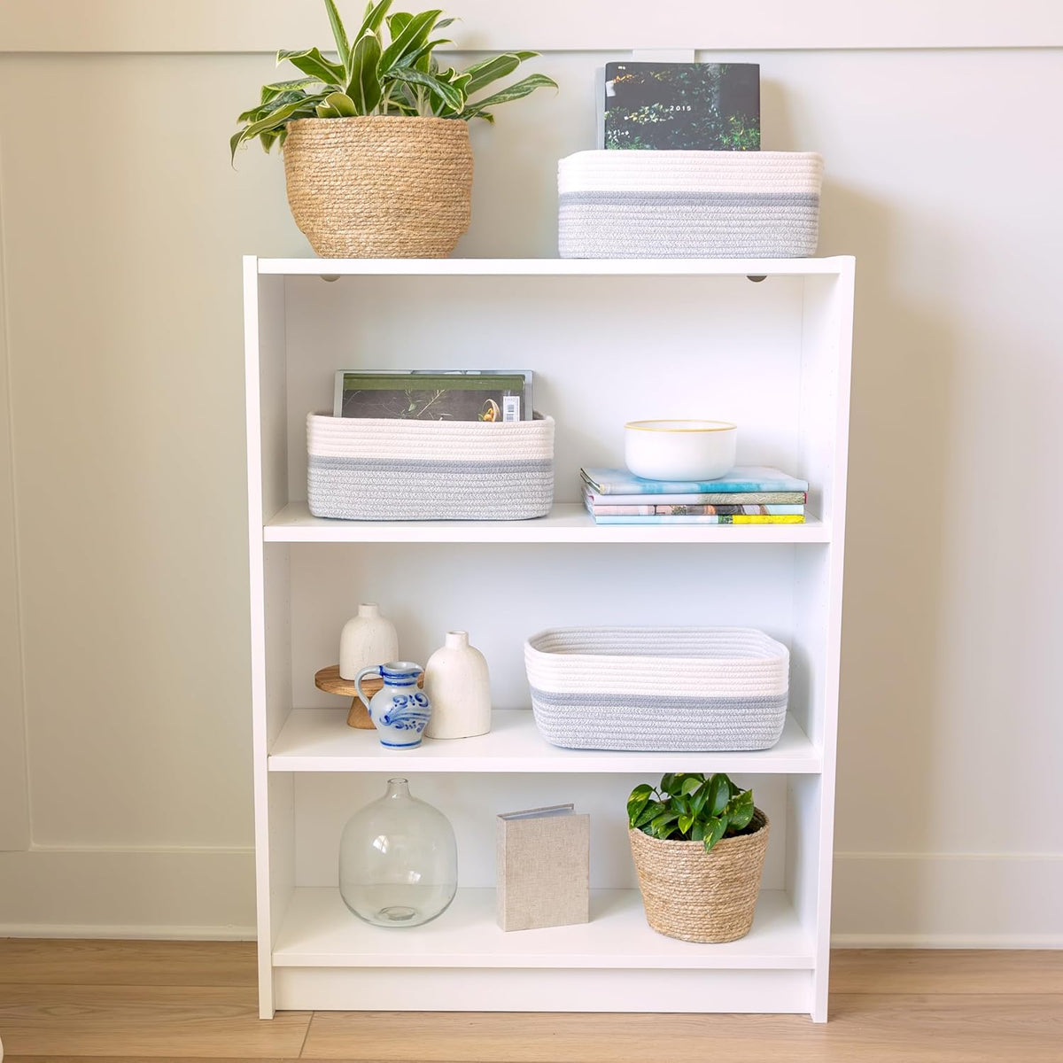 NaturalCozy 13.5”x8.5”x5.5” Storage Baskets for Shelves 3 Pack | Cotton Rope Woven Small Baskets