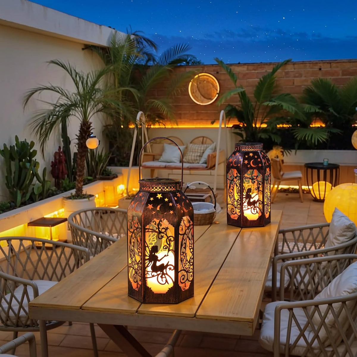 Solar Lanterns Outdoor Garden Hanging Lantern Waterproof LED Metal Bronze Moon Fairy Lantern