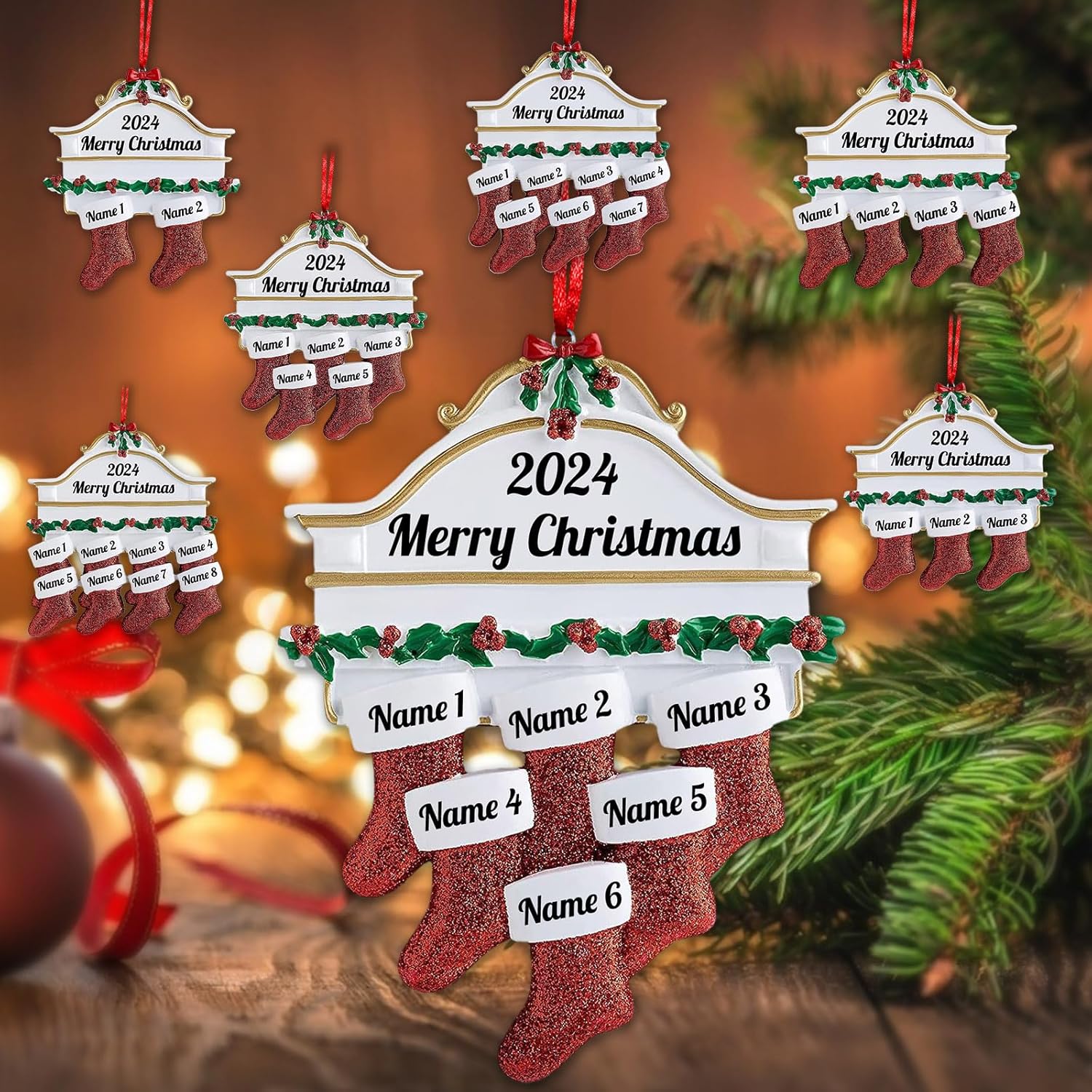 Amlion Personalized Ceramic Christmas Stocking Ornaments, Family of 2-8, Custom Names, Traditional
