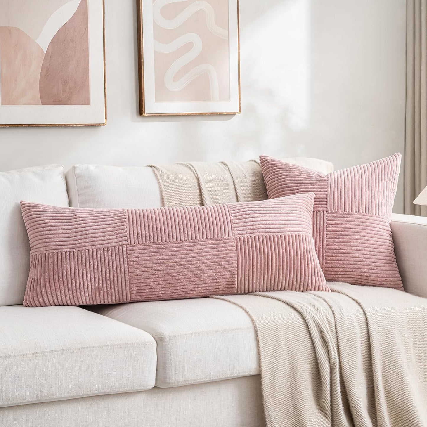 Fancy Homi Set of 2 Blush Pink Boho Long Lumbar Body Decorative Throw Pillow Cover 14x36 Inch for