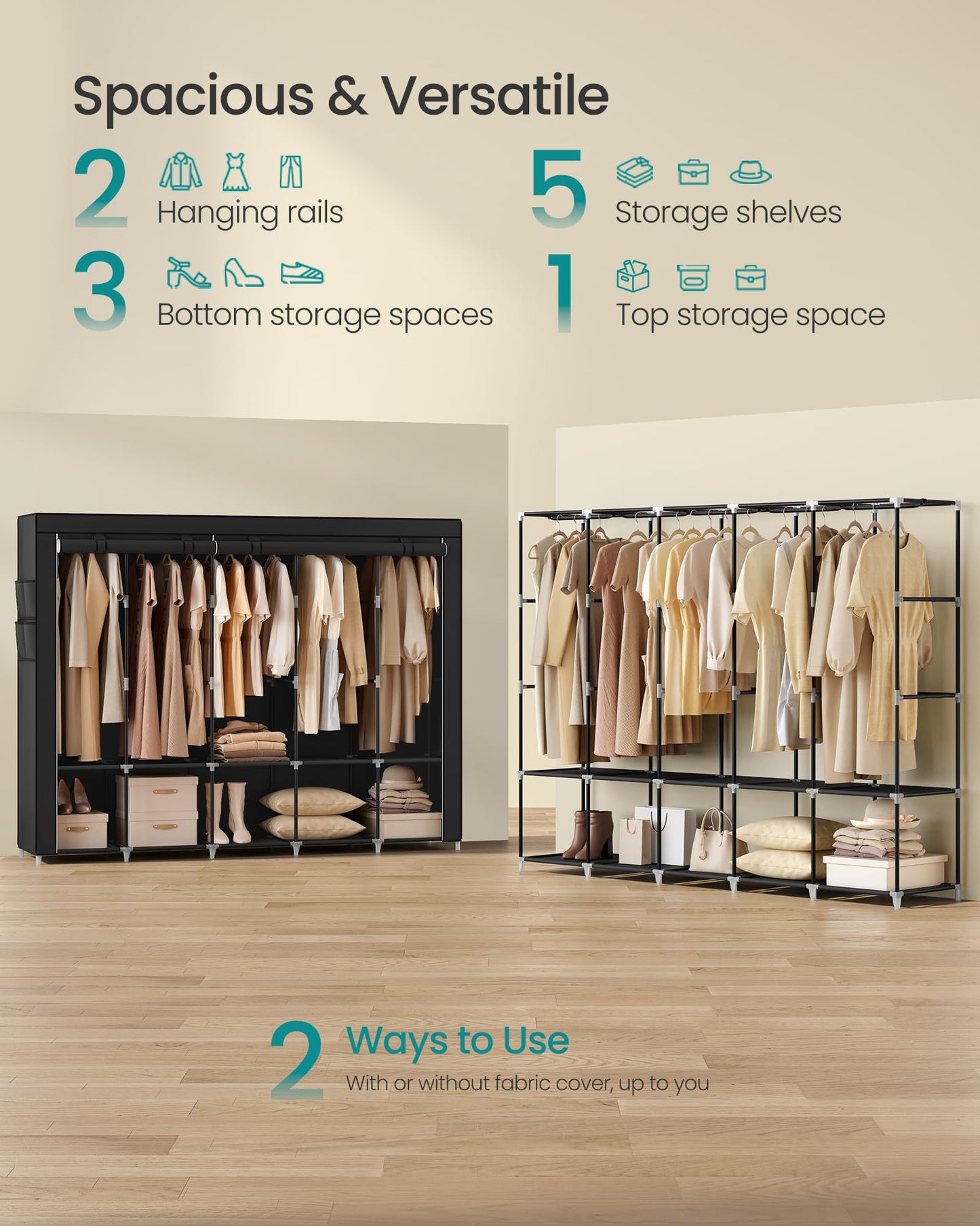 SONGMICS Portable Closet, Wardrobe Closet Organizer with Cover, 5 Hanging Rods and Shelves, 4 Side