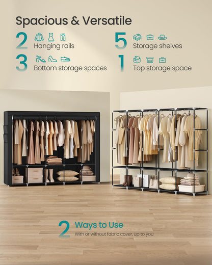 SONGMICS Portable Closet, Wardrobe Closet Organizer with Cover, 5 Hanging Rods and Shelves, 4 Side