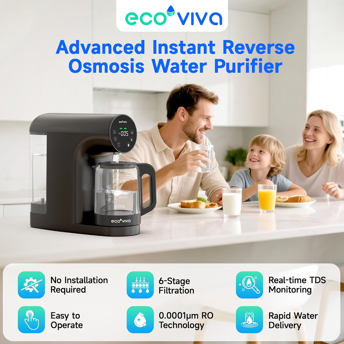 Ecoviva Countertop Reverse Osmosis Water Filter, 6 Stage RO Water Filtration System with Glass