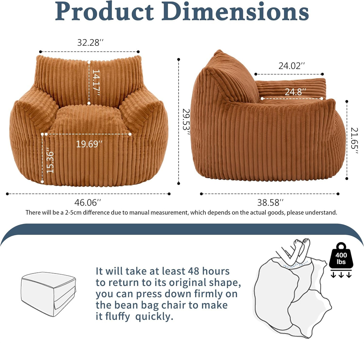 Giant Plush Bean Bag Chair for Adults with Armrests - Oversized Comfy Orange Beanbag Lounge Lazy