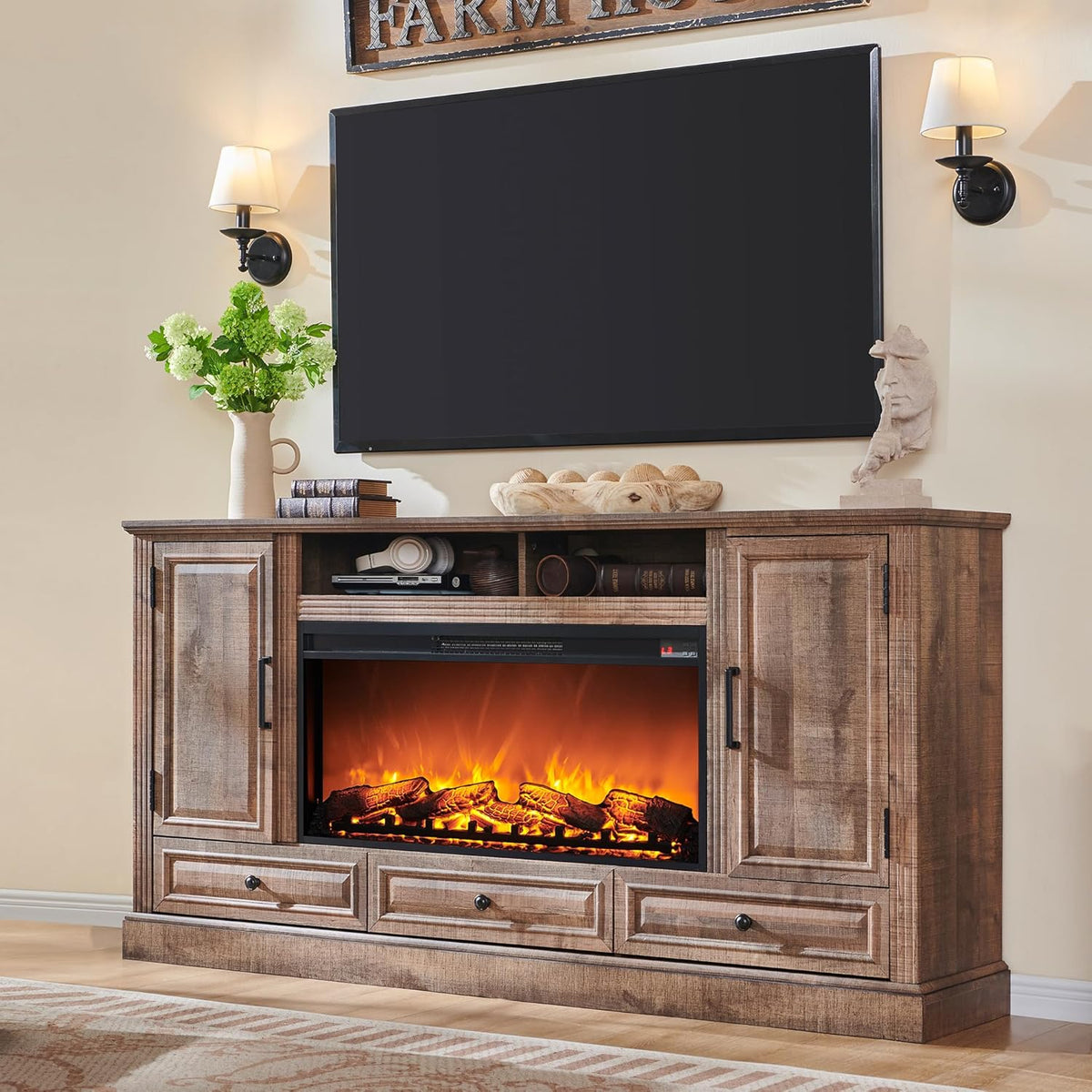 Fireplace TV Stand for 80 Inch TV, 35.7" Tall Farmhouse Entertainment Center W/36'' Electric