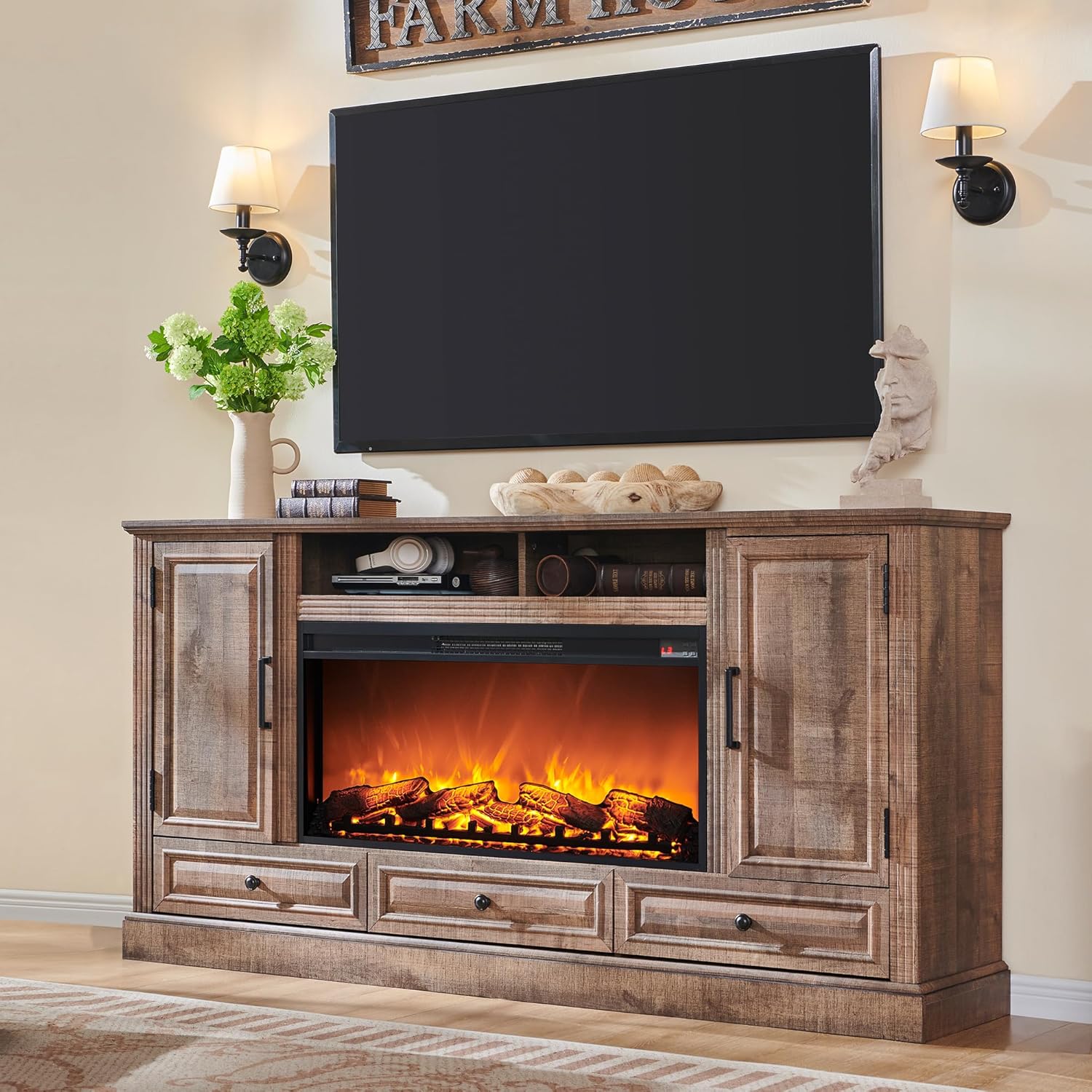 Fireplace TV Stand for 80 Inch TV, 35.7" Tall Farmhouse Entertainment Center W/36'' Electric