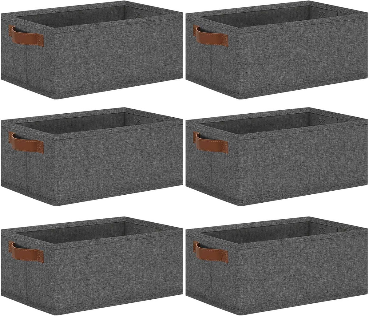 GhvyenntteS Small Fabric Storage Bins 6 Pack, 11.8" x 7.87" x 5.11" Storage Basket with Leather