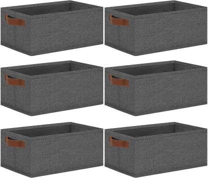 GhvyenntteS Small Fabric Storage Bins 6 Pack, 11.8" x 7.87" x 5.11" Storage Basket with Leather
