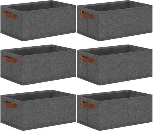 GhvyenntteS Small Fabric Storage Bins 6 Pack, 11.8" x 7.87" x 5.11" Storage Basket with Leather