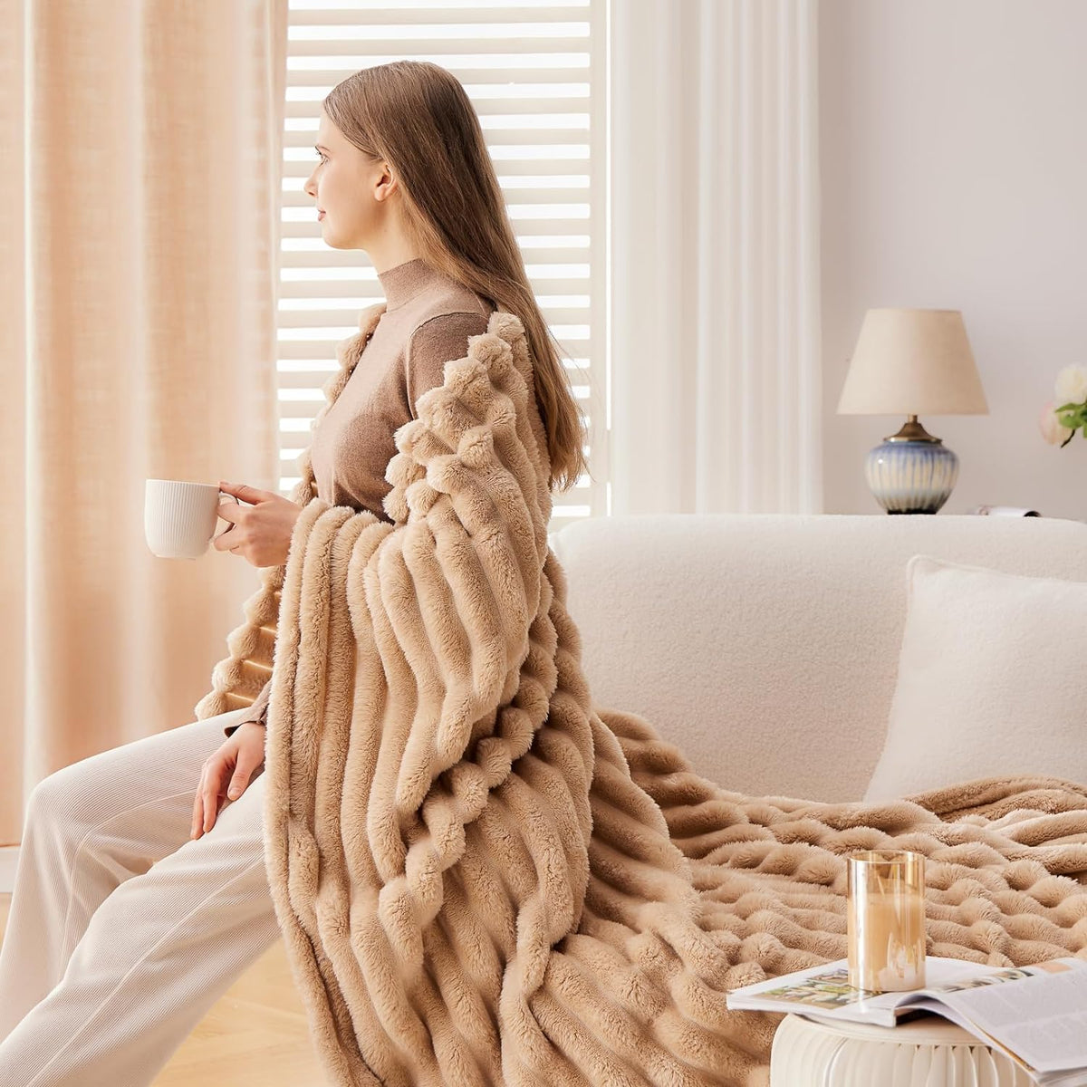 NEWCOSPLAY Super Soft Twin Blanket Brown Premium Silky Flannel Fleece 3D Ribbed Jacquard