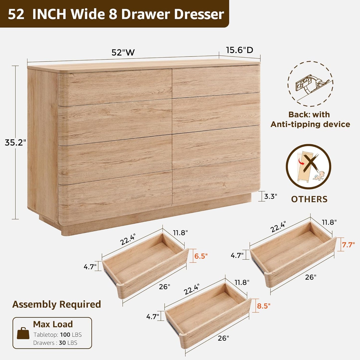 8 Drawer Dresser for Bedroom, 52 Inch Wide Modern Chest of Drawers, Push-to-Open Wood Storgae