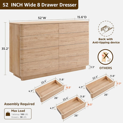 8 Drawer Dresser for Bedroom, 52 Inch Wide Modern Chest of Drawers, Push-to-Open Wood Storgae