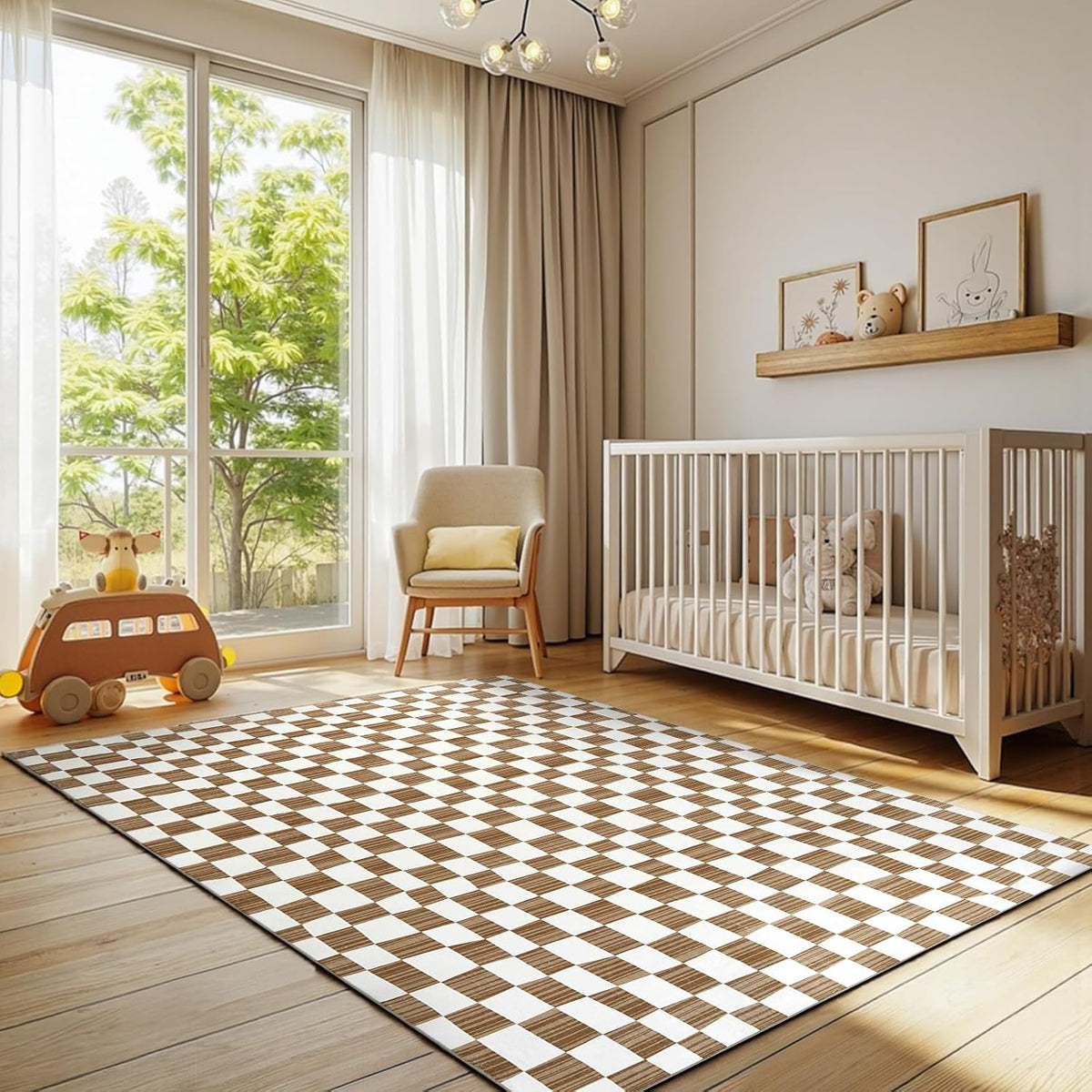 jinchan 5x7 Brown Checkered Area Rugs for Kids Room - Machine Washable Rug Modern Neutral Geometric