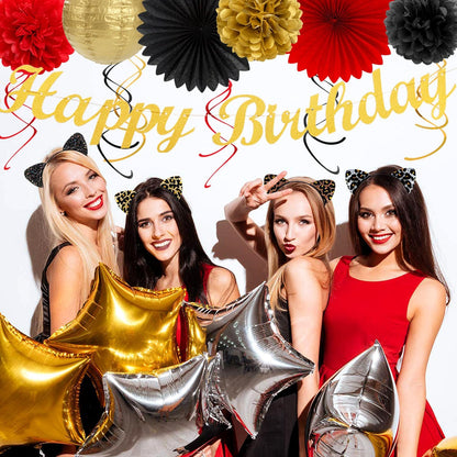 Red-Black Gold Casino-Theme Birthday Party-Decorations - 21pcs Happy Banner,Game Night Paper