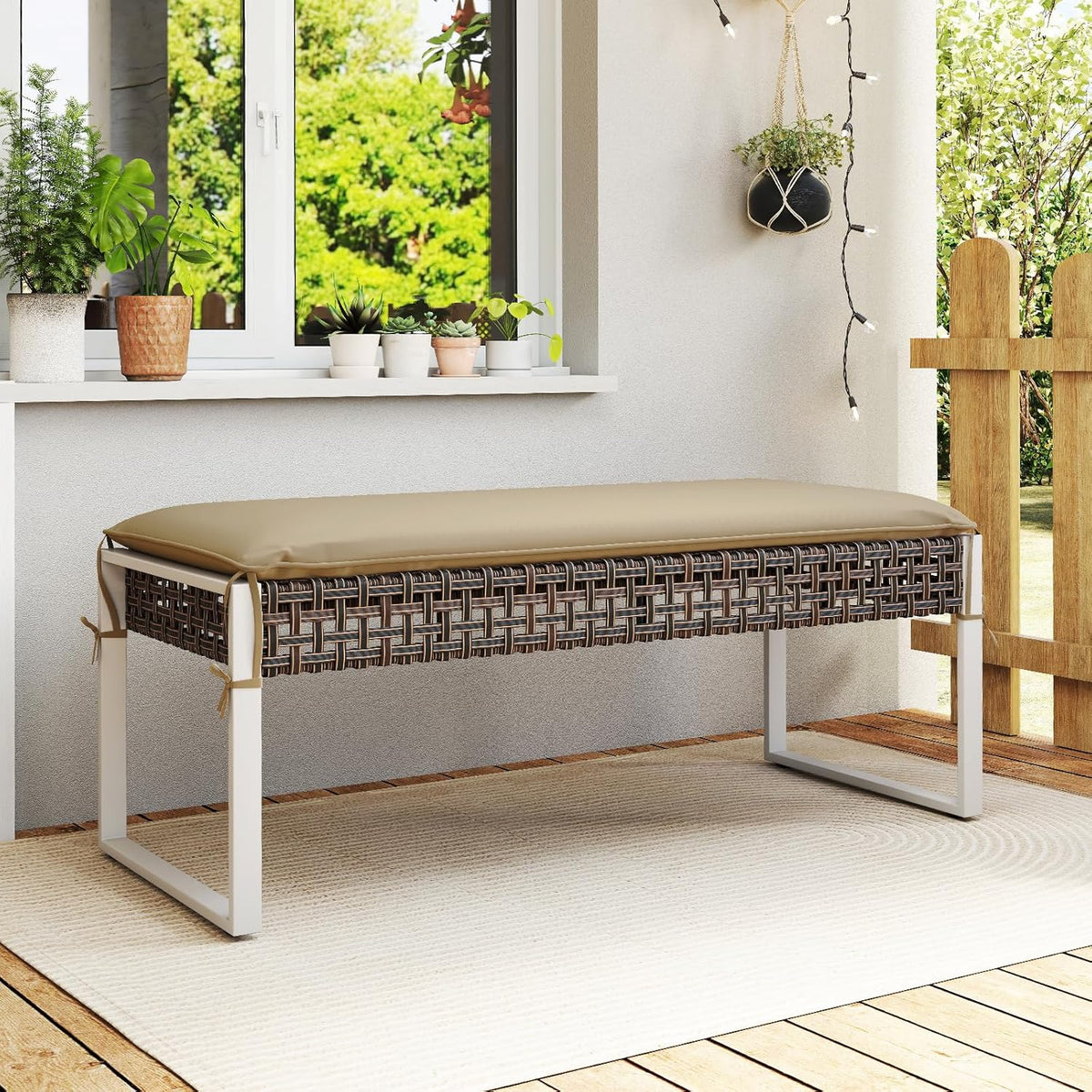 Tangkulka Outdoor Ottoman, Patio Rattan Heavy Duty Wicker Footrest with Soft Cushion & Metal Frame