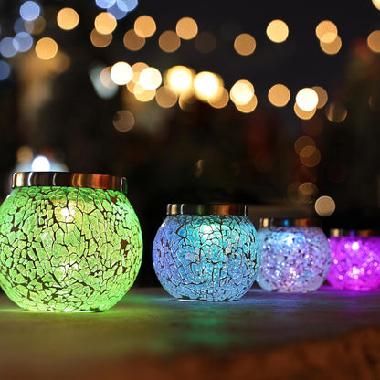 Cooo 6 Pack Heavy Solar Mosaic Crackle Glass Lights with Dual Solar Panels, Color-Changing RGB