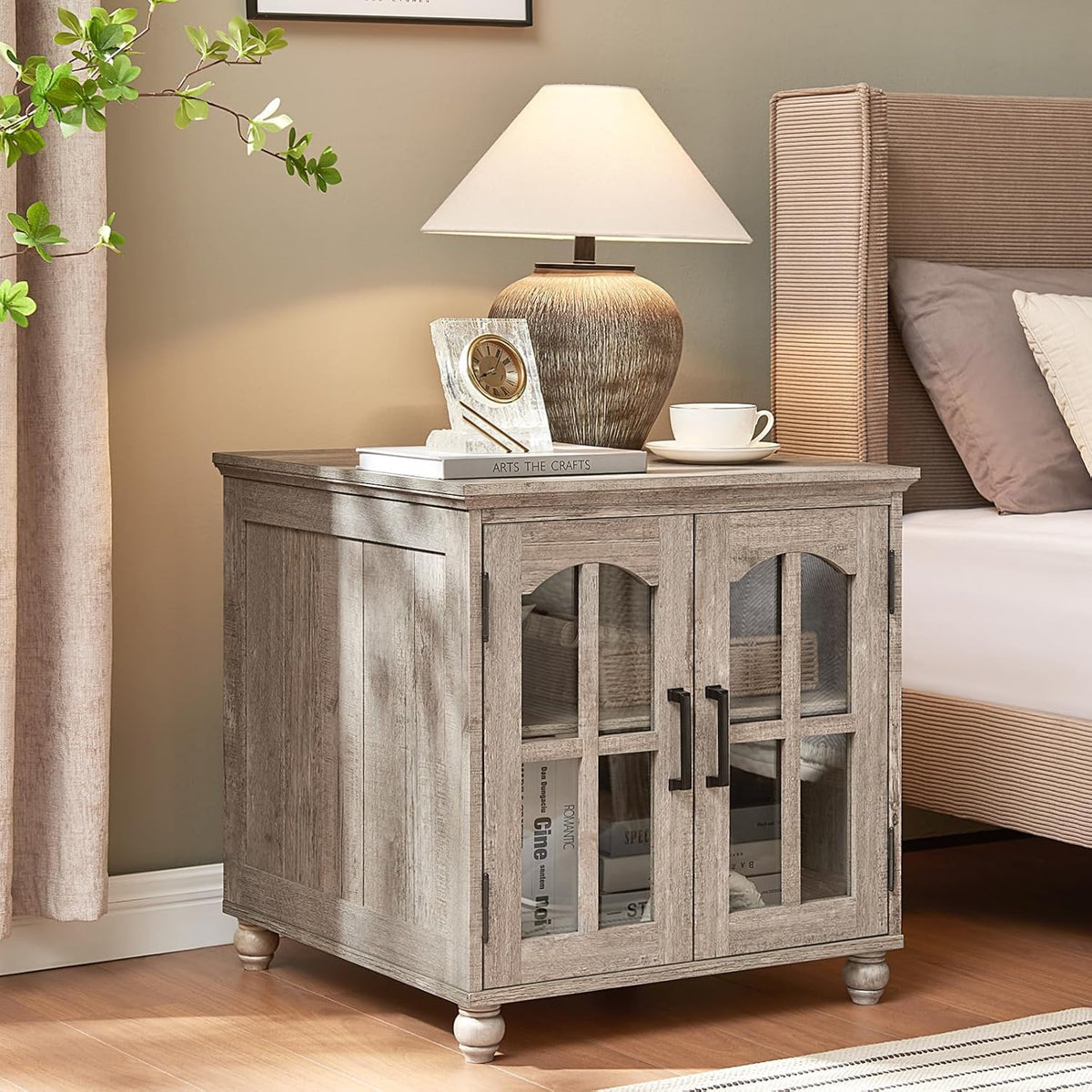 Farmhouse 24" End Table Set of 2 with Charging Station, Large Sofa Side Table with Glass Barn