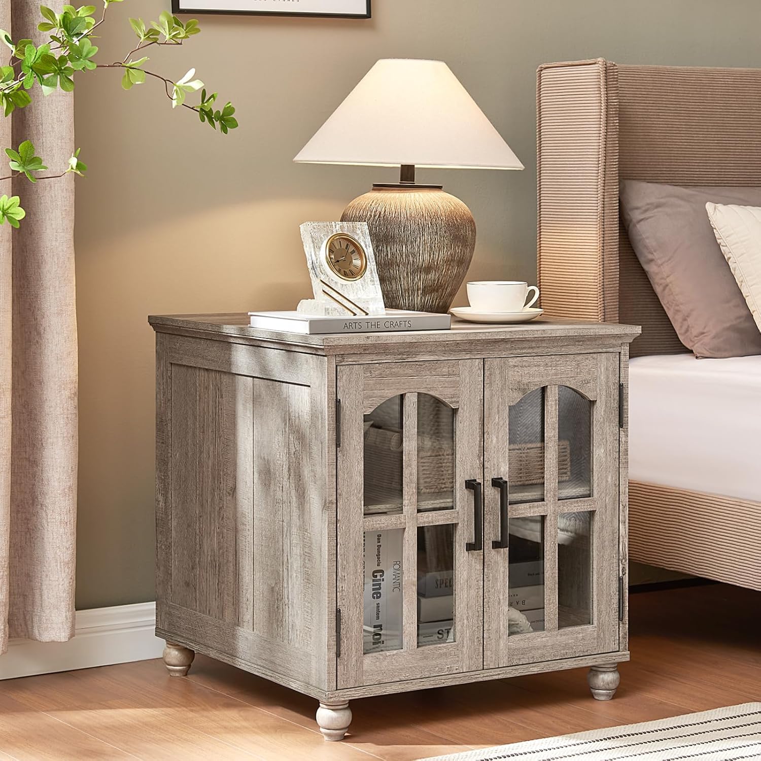 Farmhouse End Table with Charging Station,24" Large Sofa Side Table with Glass Barn Door,Rustic