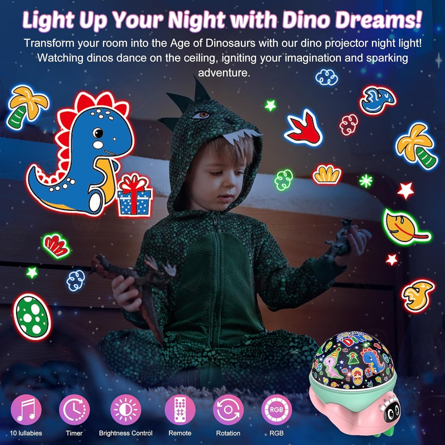 Dinosaur Night Light Projector for Kids Pink Dino Toys for Boys, Star Night Lights with Music and
