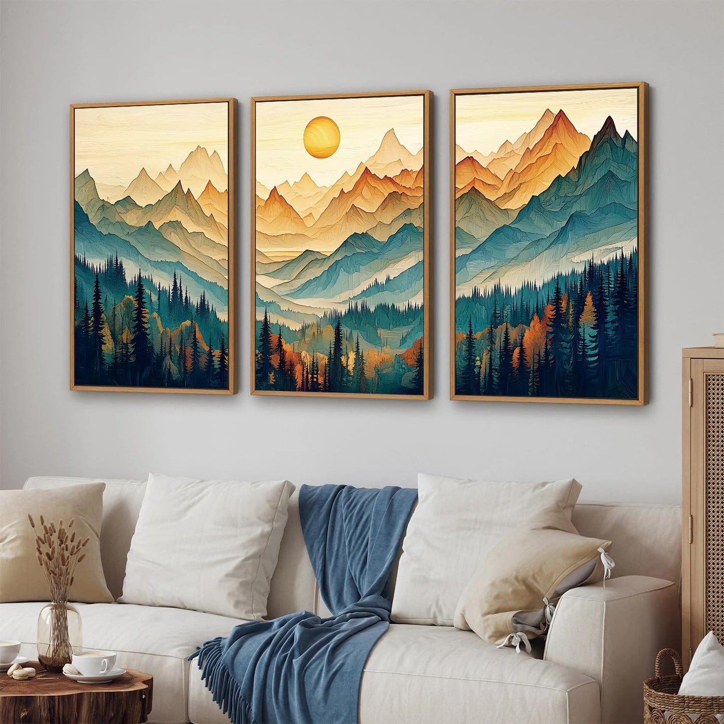 Tinonedraw Large Mountain Framed Canvas Wall Art Set of 3, Boho Nature Forest Wall Decor, Neutral