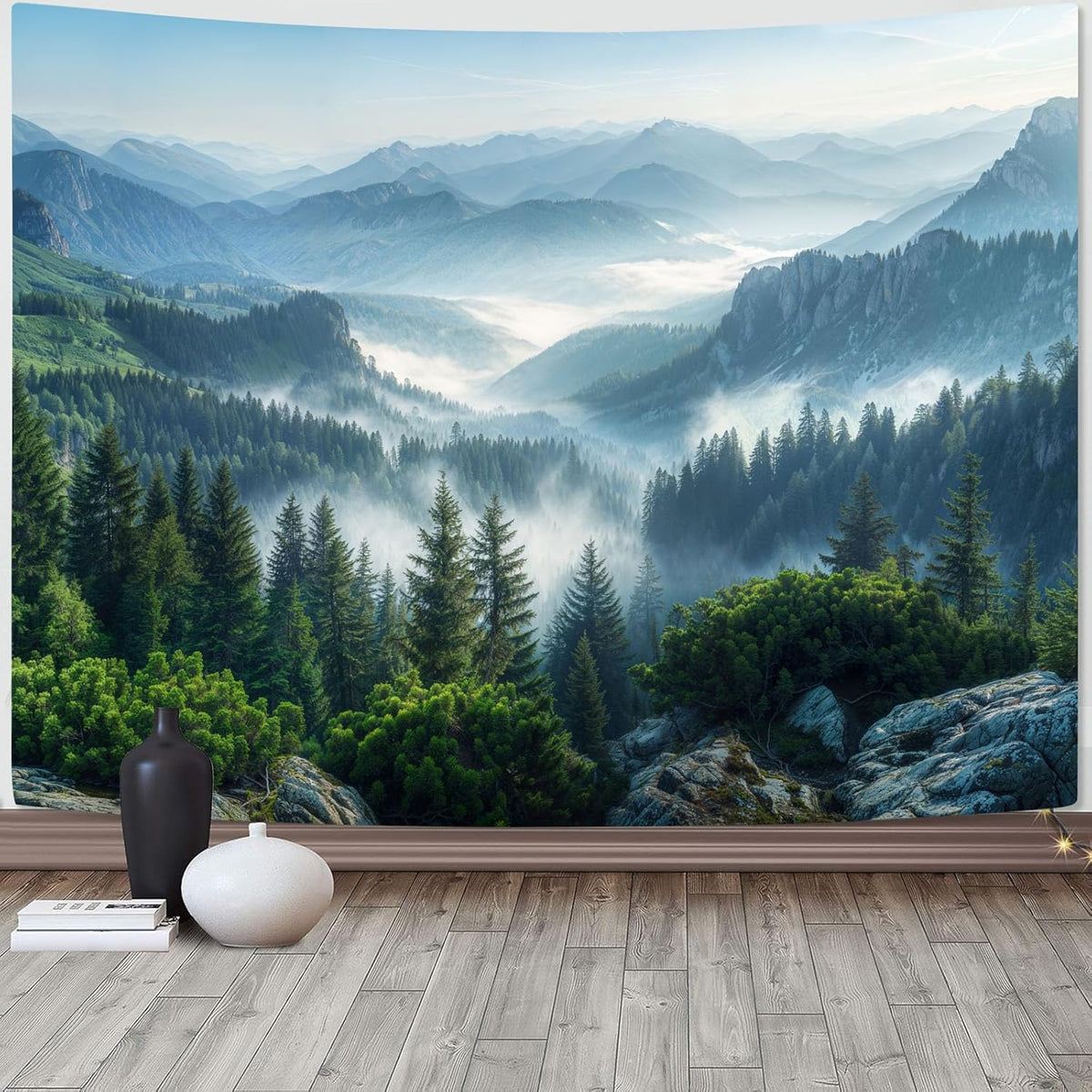 AMM Nature Forest Mountain Tapestry Green Misty Pine Tree Tapestry for Bedroom Aesthetic Foggy