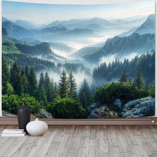 AMM Nature Forest Mountain Tapestry Green Misty Pine Tree Tapestry for Bedroom Aesthetic Foggy