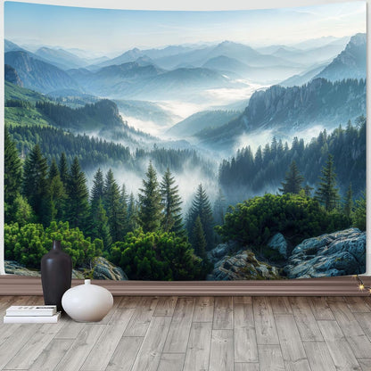 AMM Nature Forest Mountain Tapestry Green Misty Pine Tree Tapestry for Bedroom Aesthetic Foggy