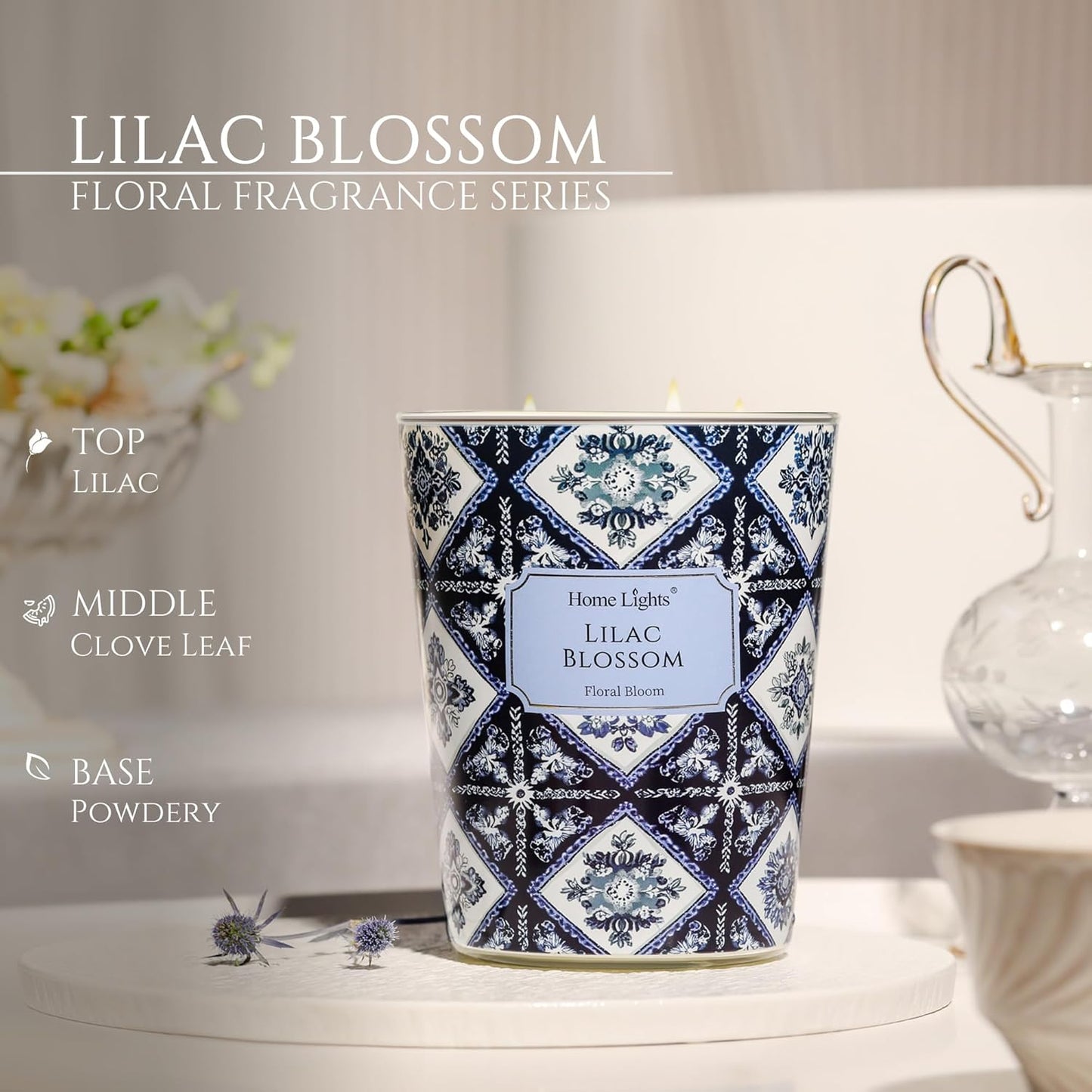 HomeLights Lilac Blossom Scented Candles | 34oz Soy Candles Bohemian Natural Textures 3-Wick Large