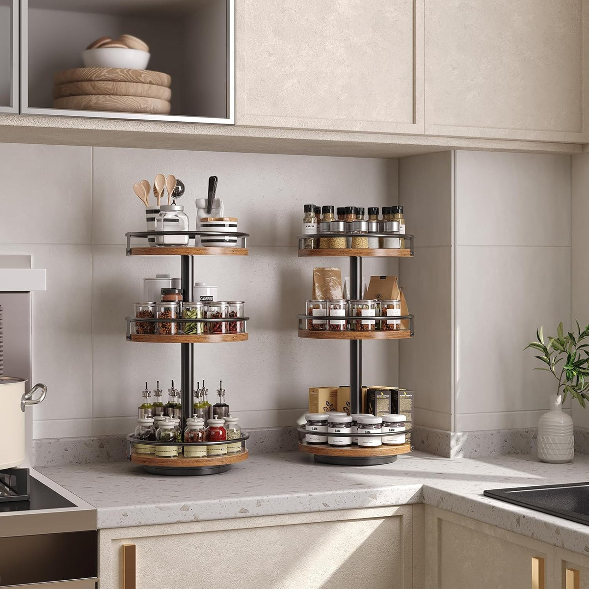 HOOBRO 3-Tier Lazy Susan Organizer, Rotating Spice Rack, Turntable Spice Rack, Vertical Storage