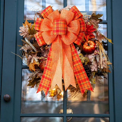 Iceyyyy 3Pcs Large Fall Thanksgiving Wreath Gift Bow -18.8x10.6inch Orange Buffalo Plaid Check