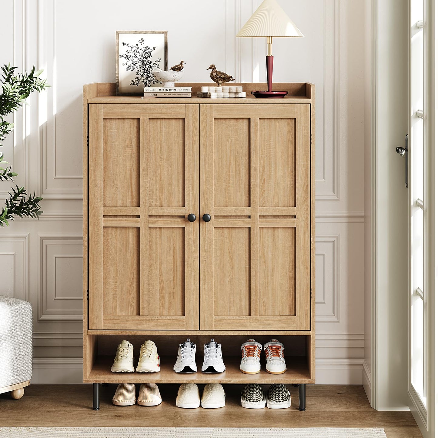 ComfyCorner Shoe Cabinet with Cross Molding Doors, 6-Tier Storage, Oak