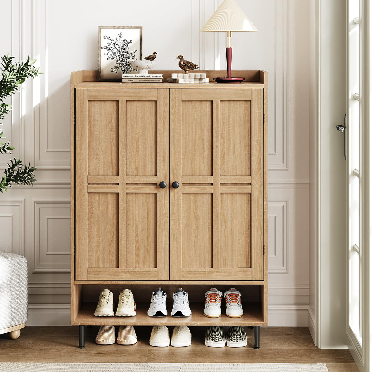 ComfyCorner Shoe Cabinet with Cross Molding Doors, 6-Tier Storage, Oak