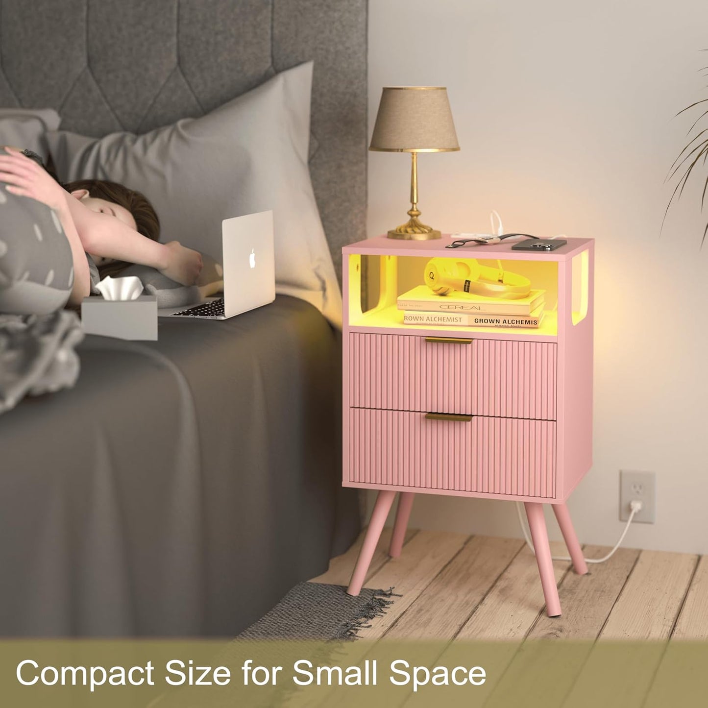 Pink Nightstand with Charging Station and LED Lights,Modern Bedside Table with 2 Storage Drawer and