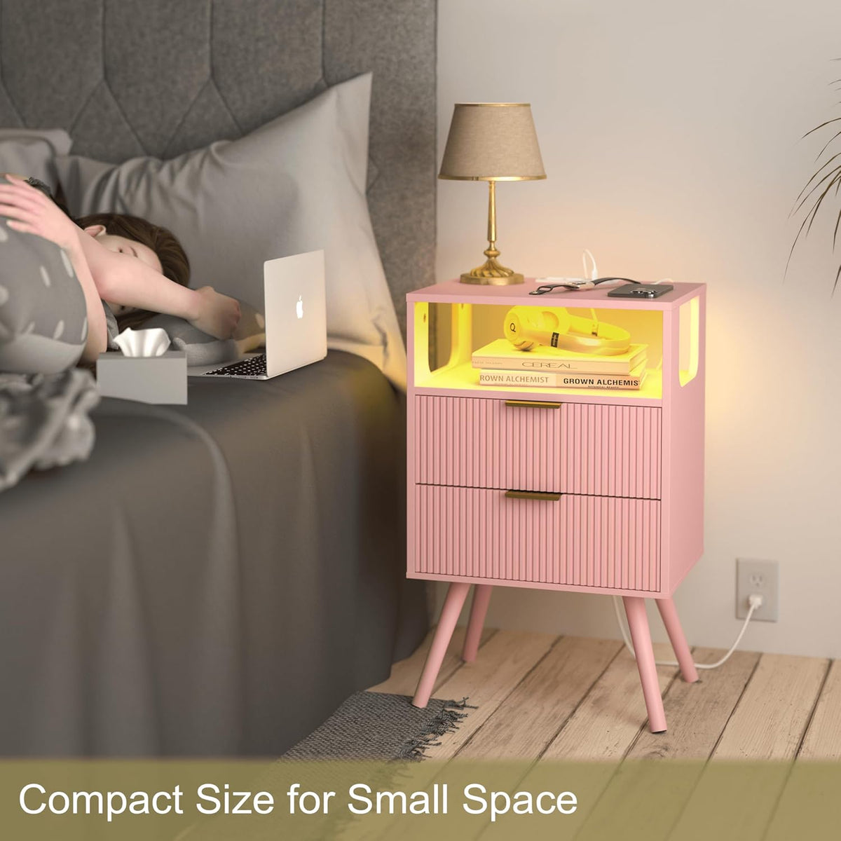 Pink Nightstand with Charging Station and LED Lights,Modern Bedside Table with 2 Storage Drawer and