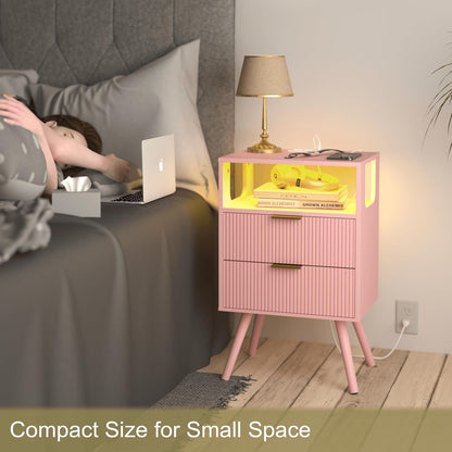 Pink Nightstand with Charging Station and LED Lights,Modern Bedside Table with 2 Storage Drawer and